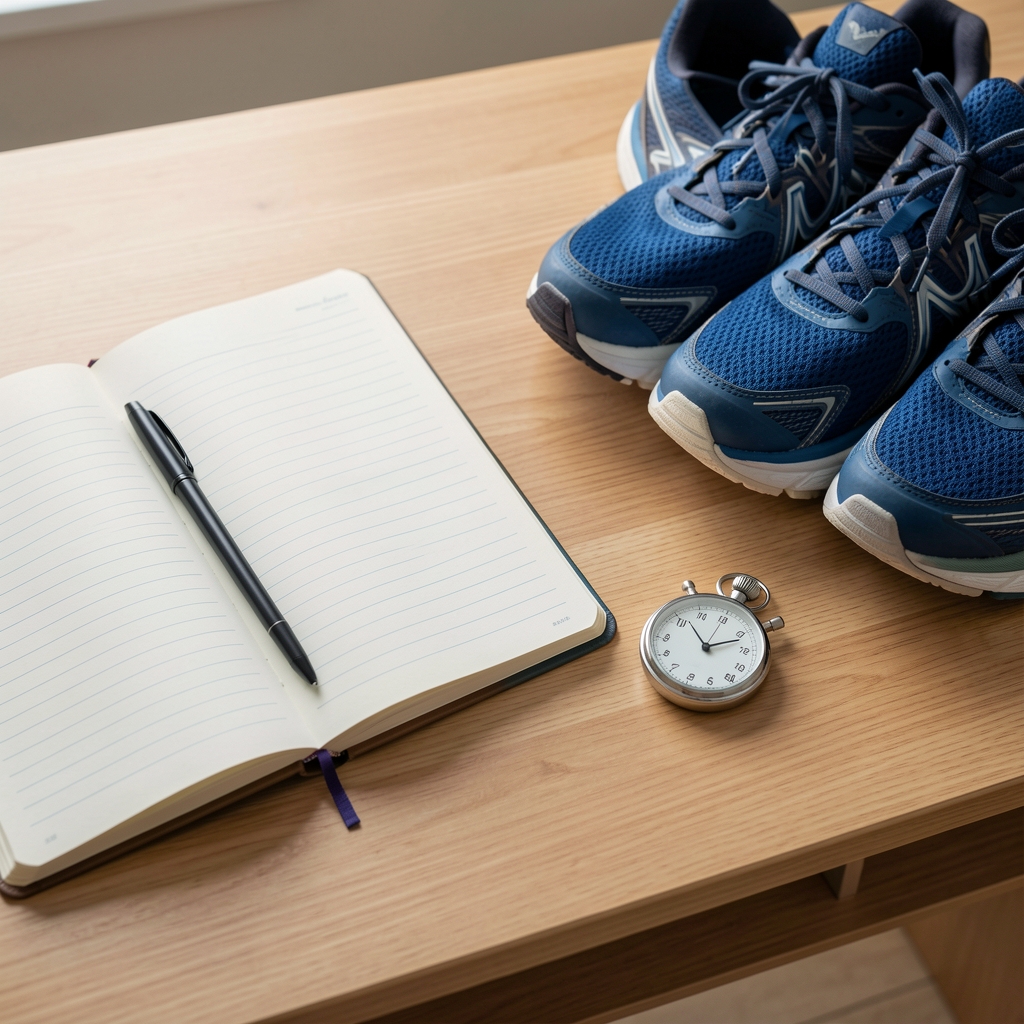 Open notebook beside a simple stopwatch and running shoes on a clean wooden desk