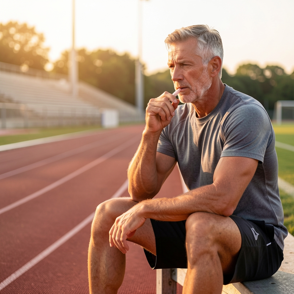 Focused mature male athlete seated beside a track at dawn, studying his breathing between measured intervals