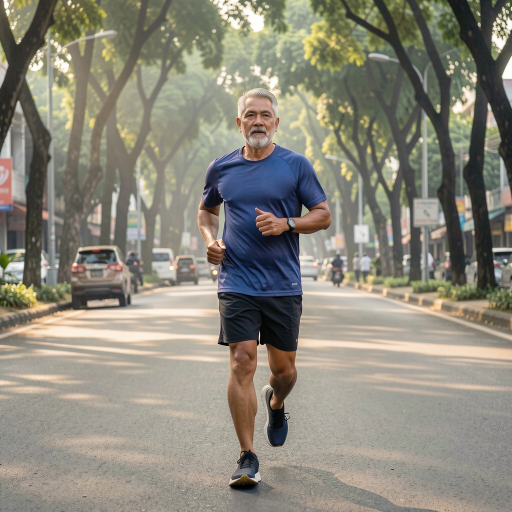 Mature male runner maintaining an even pace along a tree-lined Jakarta boulevard in morning light