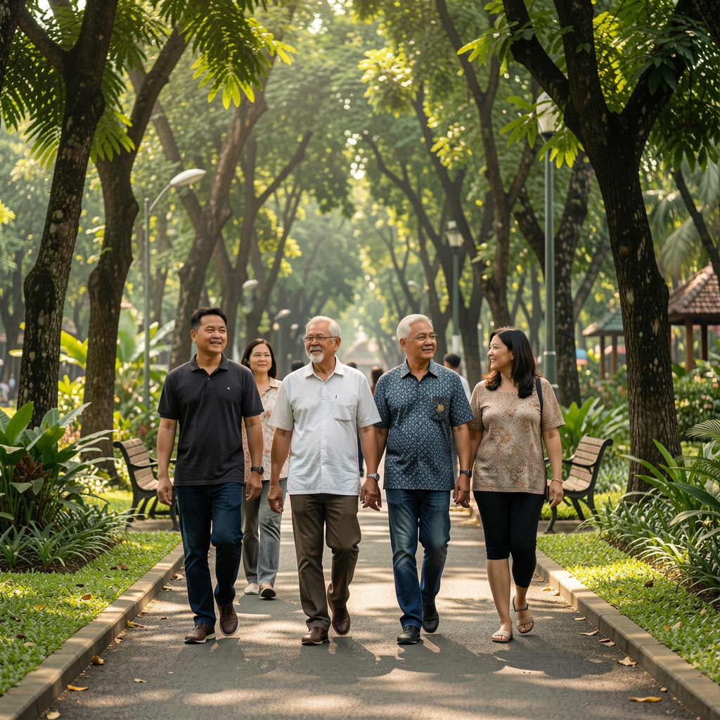 Small group of mature adults walking together through a shaded Jakarta park