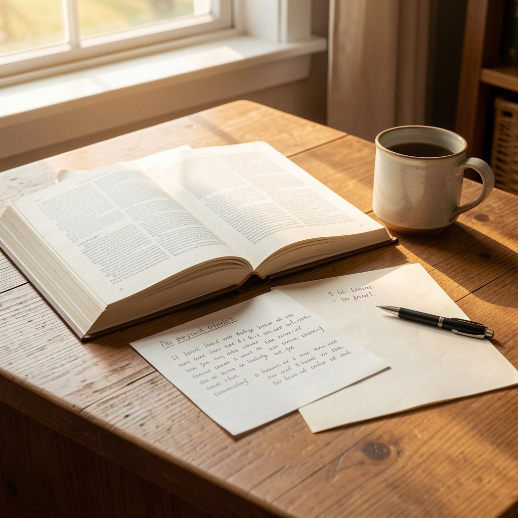 Editorial desk with open physiology book, handwritten notes, and a ceramic cup in warm daylight