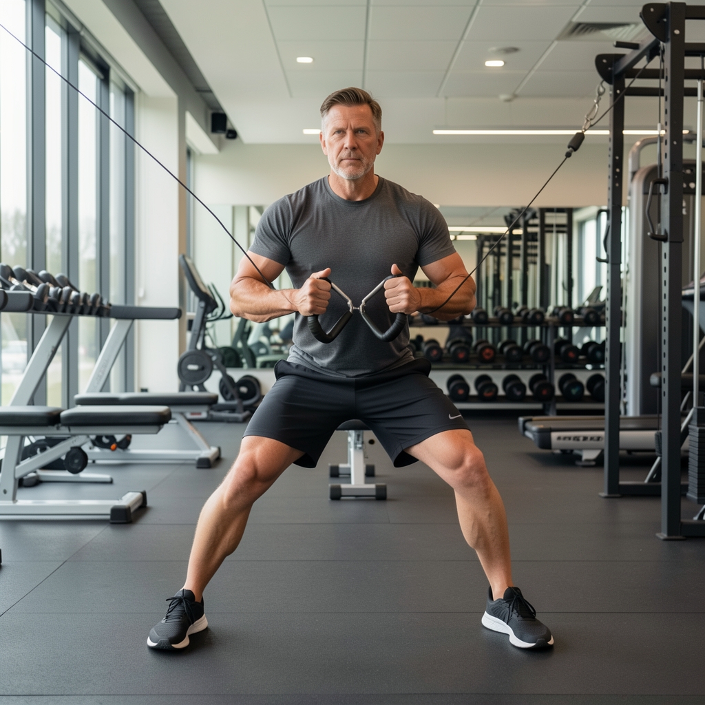 Man over 35 practicing a balanced split-stance cable exercise in a quiet modern gym
