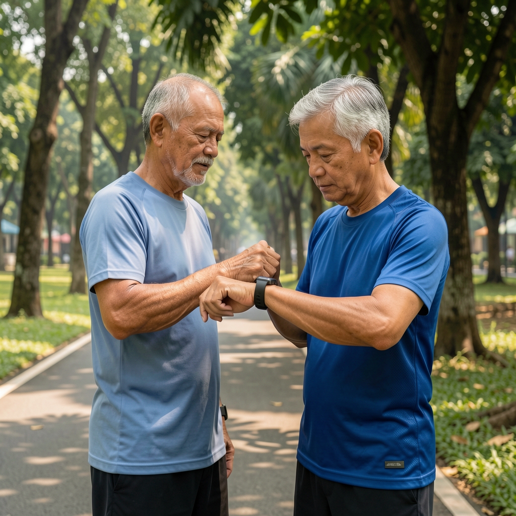 Mature runner checking a heart-rate watch beside a shaded Jakarta park path