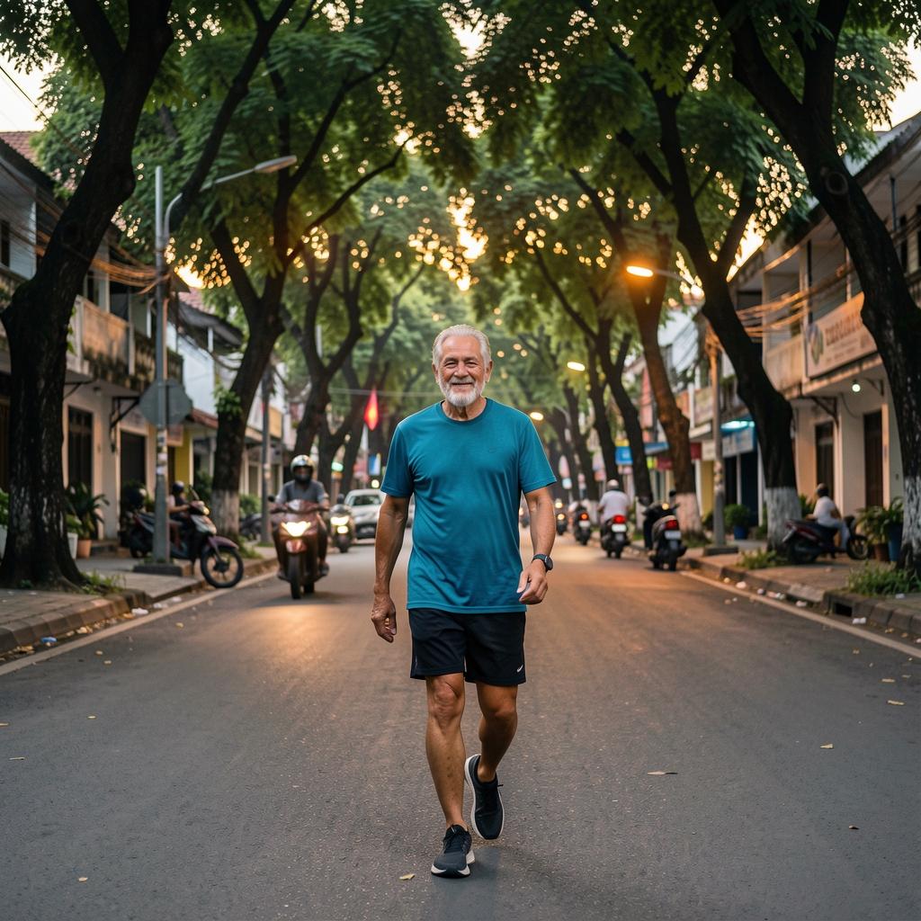Older recreational athlete taking an evening walk beneath leafy trees on a quiet Jakarta street