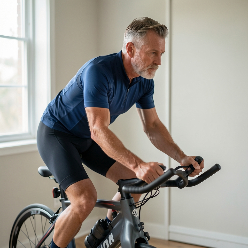 Focused mature cyclist using an indoor bike in a calm studio with soft natural light