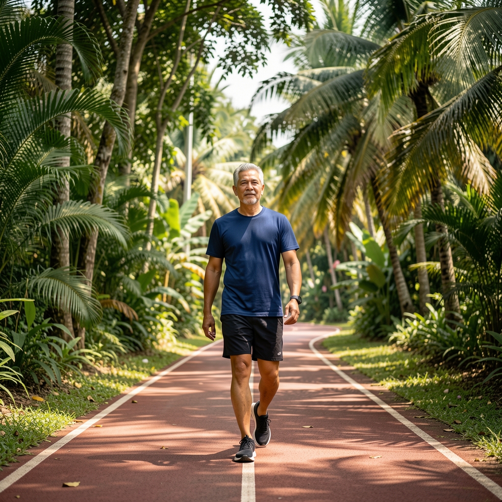 Mature man walking calmly along a shaded Jakarta running track surrounded by tropical greenery