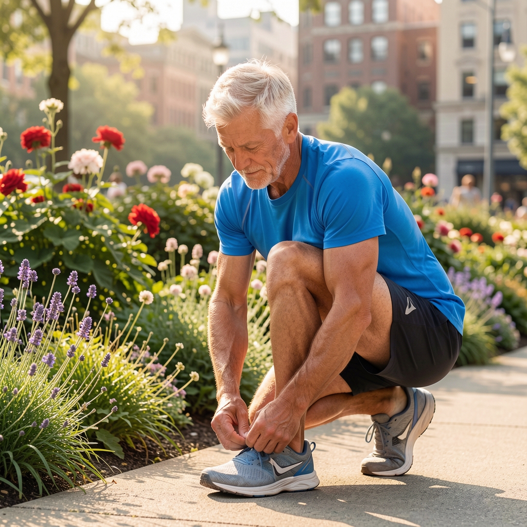 Mature runner tying shoes beside a city garden before an easy morning session