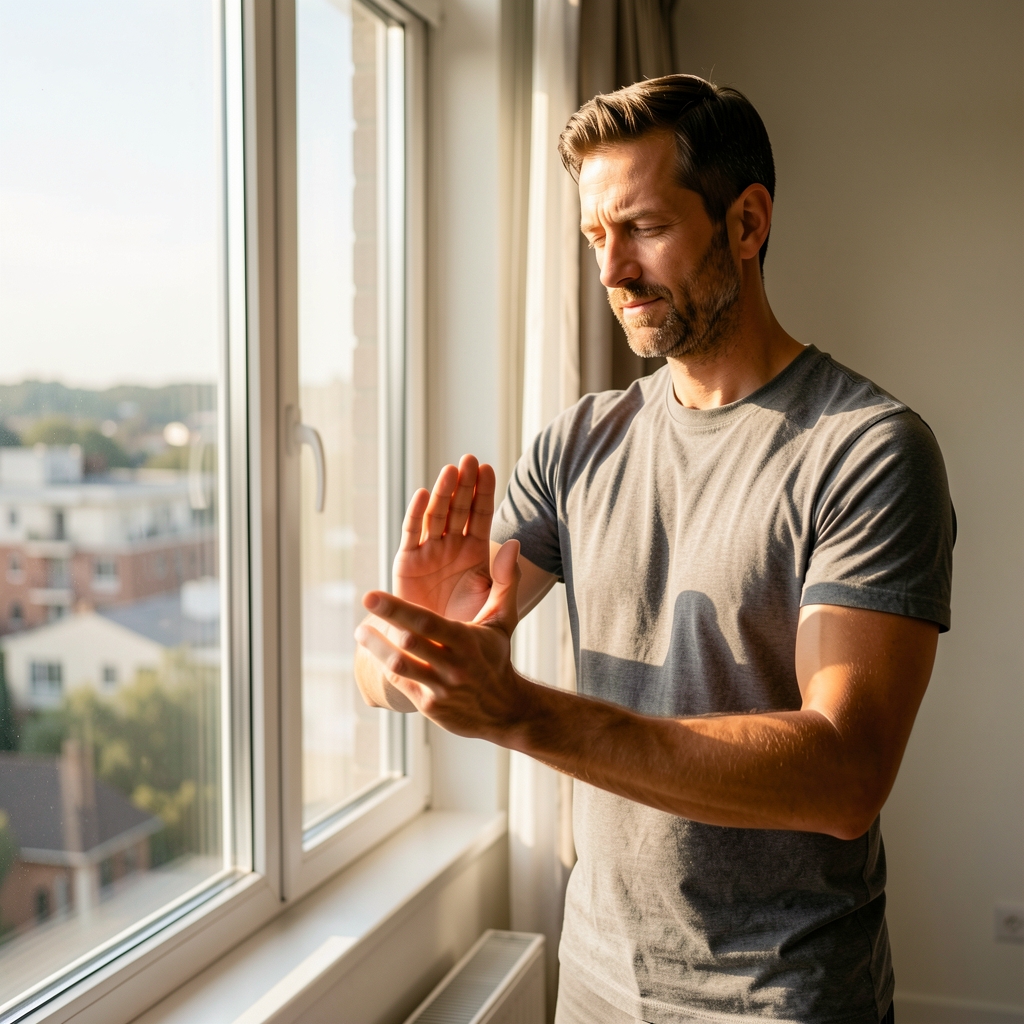 Man in his late thirties practicing a gentle mobility sequence beside a sunlit apartment window
