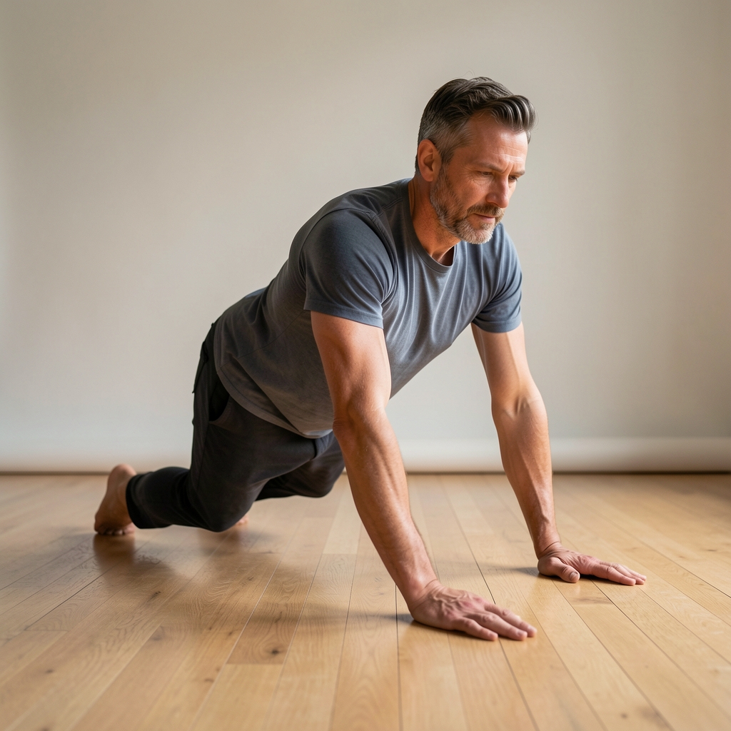 Man in his forties practicing a controlled mobility movement on a wooden studio floor