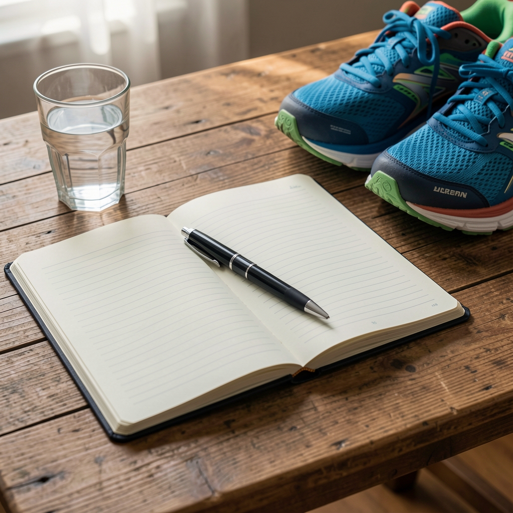 Open training journal, pen, water glass, and running shoes arranged on a warm wooden table