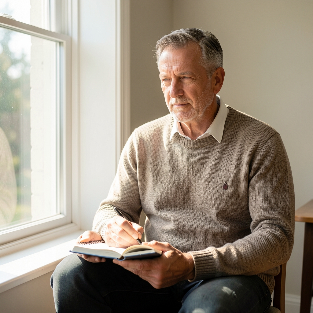 Mature man sitting quietly near a bright window with a notebook after an early morning walk