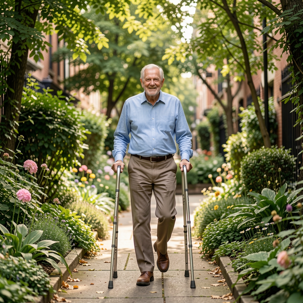 Older male walker moving through a leafy urban garden during a gentle recovery session