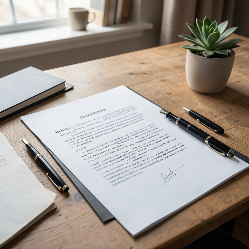 Editorial desk with printed research notes, a fountain pen, and a small plant in natural light