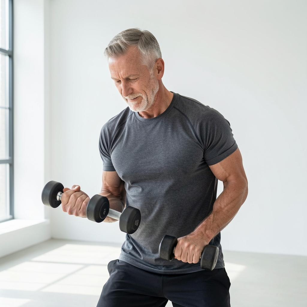Mature male athlete performing a controlled dumbbell movement in a bright minimalist studio