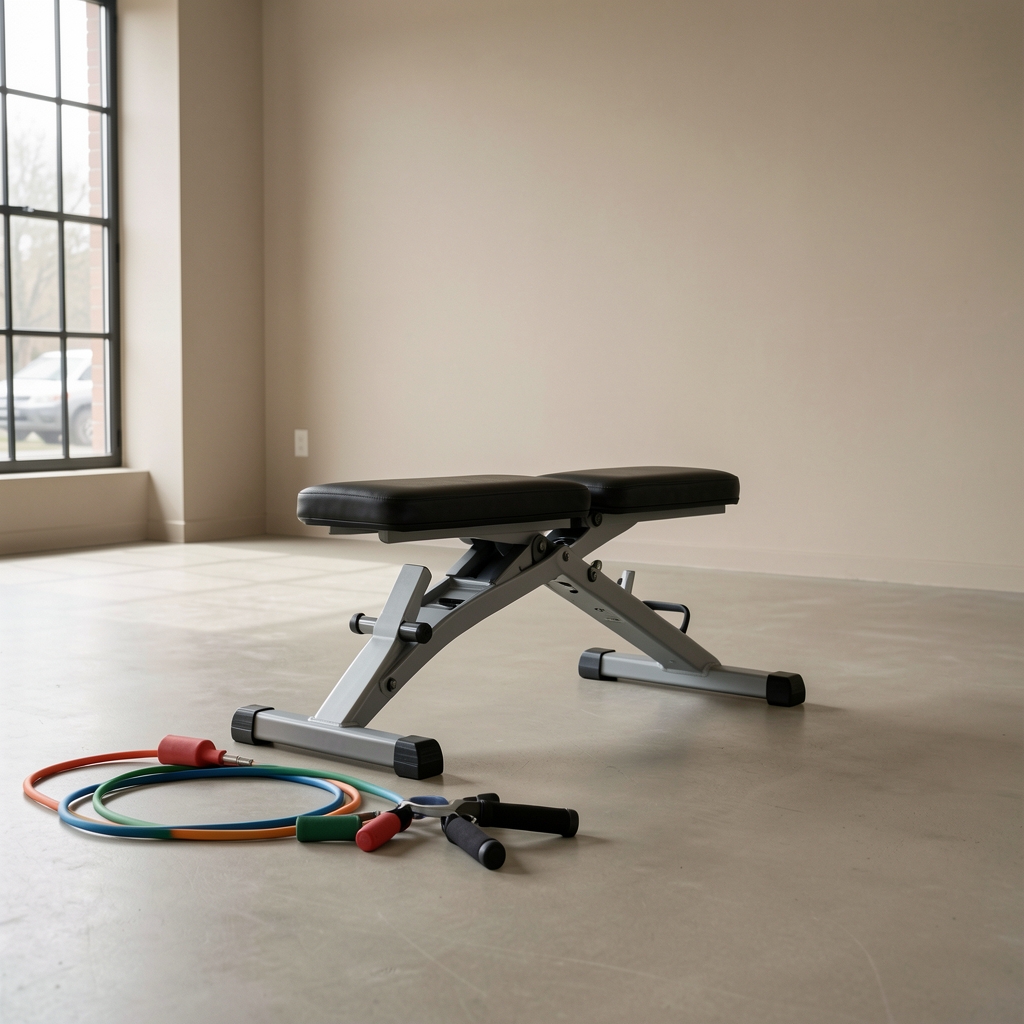 Functional training bench and resistance bands prepared in a spacious neutral-toned exercise room