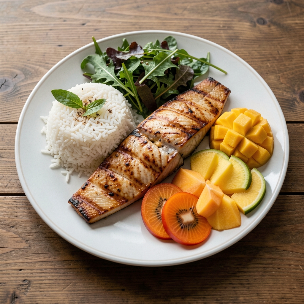 Balanced post-training meal with grilled fish, rice, greens, and sliced tropical fruit on a wooden table